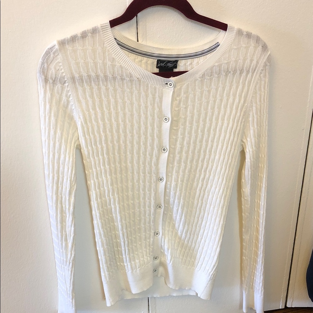 Lord & Taylor White Cable-Knit Button-Front Cardigan